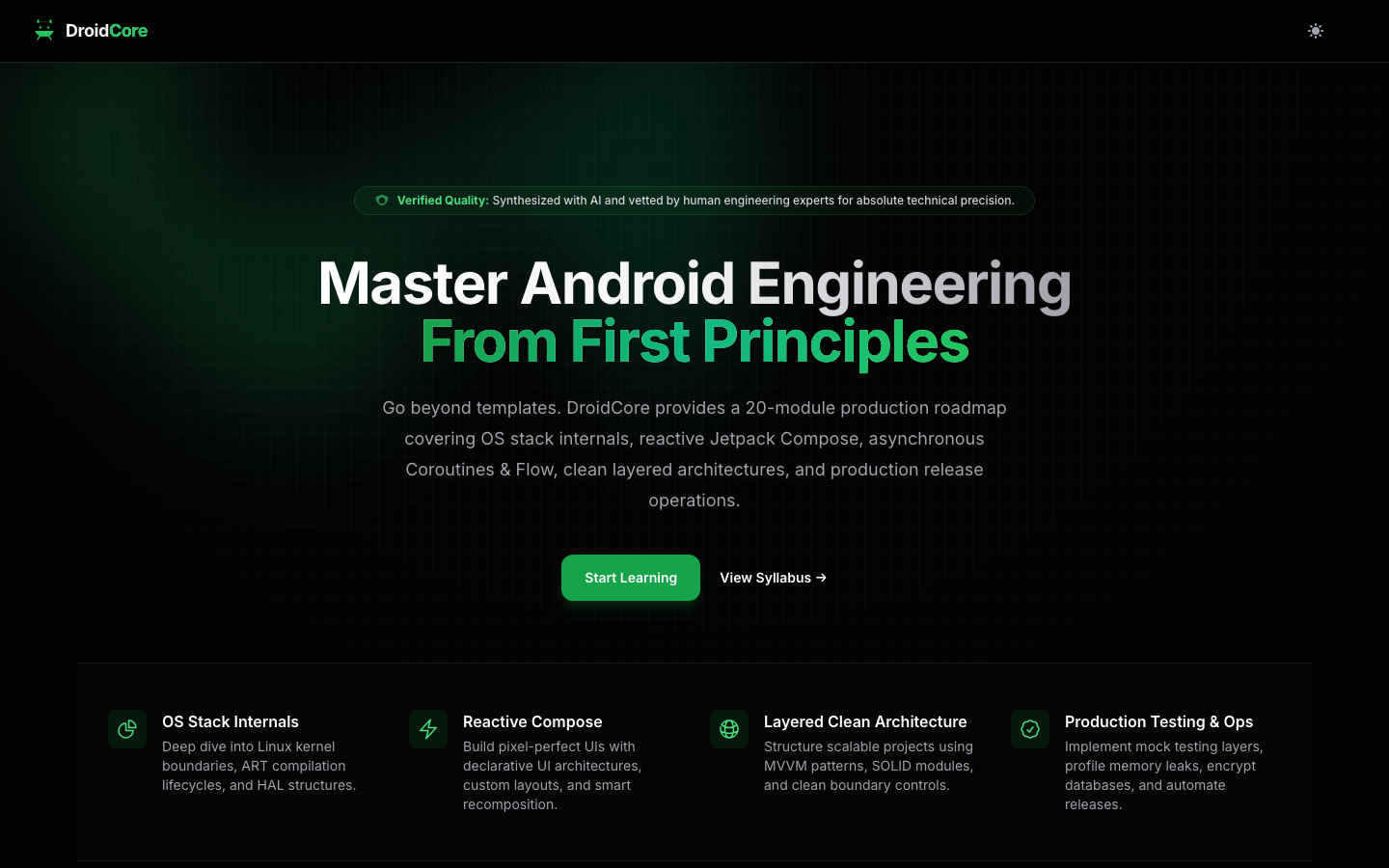 DroidCore homepage with a green-lit Android engineering syllabus.