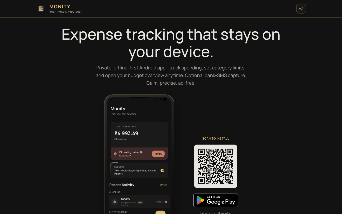 Monity homepage with a phone mockup and gold type on a dark screen.